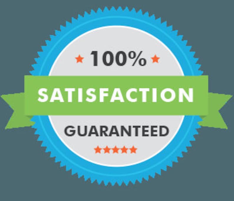 May include: A blue and white seal with a green ribbon and the text "100% SATISFACTION GUARANTEED" in orange.