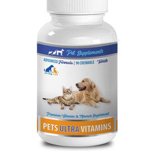 May include: White bottle with a blue label that says "Pet Supplements Advanced Formula 90 Chewable Tablets For Dogs & Cats Premium Vitamins & Minerals Supplement Pets Ultra Vitamins". The label also features a cartoon dog and cat.
