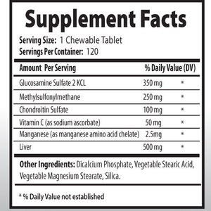 May include: Supplement Facts label for a joint health and mobility support product. The label lists ingredients like glucosamine sulfate, methylsulfonylmethane, chondroitin sulfate, vitamin C, and manganese. It also includes a daily value for each ingredient.