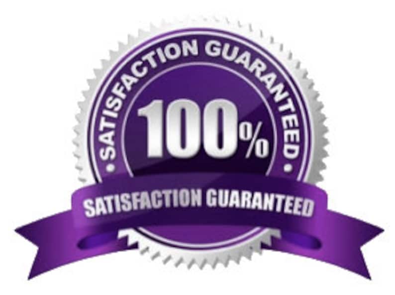 May include: A purple and silver seal with the text "Satisfaction Guaranteed" and "100%" in white. A purple ribbon with the text "Satisfaction Guaranteed" is below the seal.