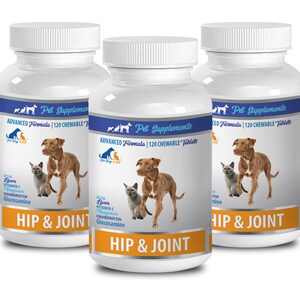 May include: Three white bottles of pet supplements labeled "Hip & Joint" with a dog and cat on the front. The bottles are labeled "Advanced Formula | 120 Chewable Tablets" and list ingredients like MSM, Liver, Vitamin C, Chondroitin, and Glucosamine.