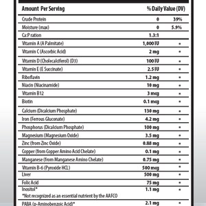 May include: Supplement Facts label showing the nutritional content per serving of a chewable tablet. The label lists vitamins, minerals, and other ingredients, with their corresponding daily values. The label also states that the product contains dehydrated liver, dicalcium phosphate, vegetable stearic acid, vegetable magnesium stearate, and silica.