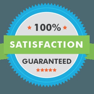 May include: A blue and white seal with a green ribbon and the text "100% SATISFACTION GUARANTEED" with five stars.
