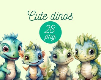 Cute Dinosaur Clipart Bundle, 28 PNG Baby Dino Clipart, Watercolor Dinosaur PNG, Nursery Baby Shower Clipart, Commercial Use