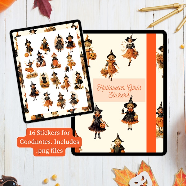 Retro Charm: Set of 16 Halloween Vintage Stickers for GoodNotes with PNG Files