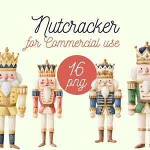 Könnte beinhalten: Vier Aquarell-Illustrationen von Nussknackern in gelben, roten, blauen und grünen Uniformen mit Kronen und weißen Bärten. Der Text lautet Nutcracker for Commercial use und 16 png. Die Figuren sind in einer Reihe vor hellem Hintergrund angeordnet.