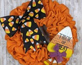 Candycorn wreath, Halloween burlap wreath, Halloween porch decor, Trick or treat, Orange Halloween wreath