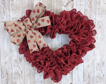Heart wreath, Valentines Day wreath, Valentines decor, Front door wreath, Red heart, Red burlap heart wreath, Burlap valentines wreath