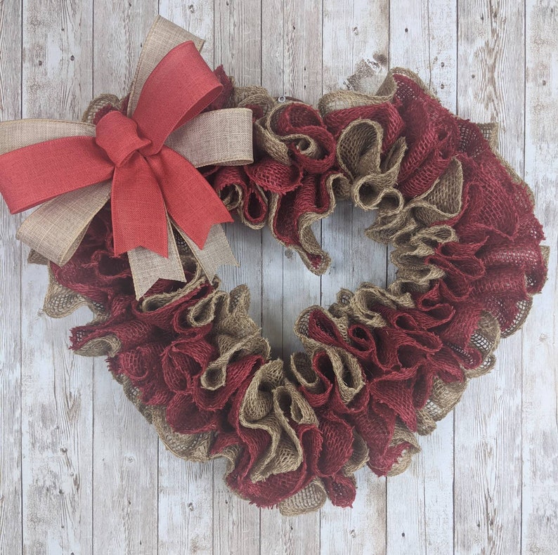 Valentines Day wreath, Front door wreath, Red heart wreath, Burlap Valentine's wreath image 1