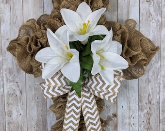 Easter wreath for front door, burlap cross wreath, spring wreath with lilies, religious wreath, rustic decor