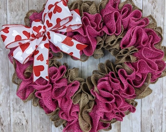 Valentines Day wreath, Front door wreath, Pink heart wreath, Burlap Valentine's wreath