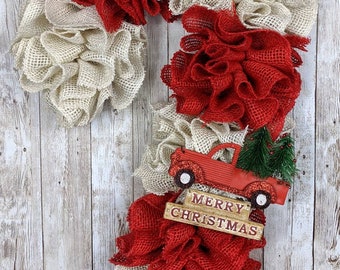 Candycane wreath, Christmas wreath, Red truck wreath, Burlap wreath