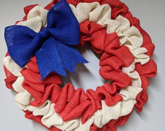 Patriotic burlap wreath for the front door, July 4th wreath, Flag patterned wreath