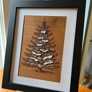 Personalized Christmas Tree Family Tree: Engraved Wood & Vegan Leather, Framed