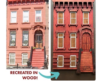 Custom Wood Brownstone Art: Miniature Building Relief Sculpture