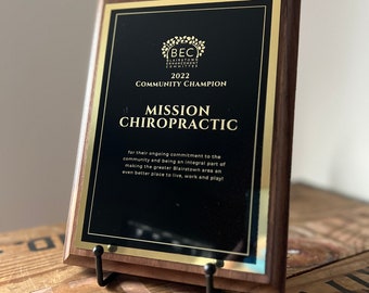 Personalized Wood Plaque Award: Engraved Brass Plate, Custom Logo - USA Made