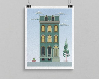 Brownstone Row House Fine Art Giclee Print in Teal Sea Green, Textured Archival Paper. Retro Vintage Risograph Style, 11x14, Ready to Frame