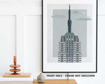 Empire State Building Fine Art Giclee Print on Textured Archival Paper. Vintage Risograph Style, in Blue and Grey 11x14, Ready to Frame