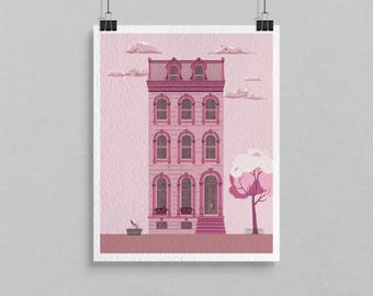 Pink Brownstone House Fine Art Giclee Print on Textured Archival Paper. Charming Vintage Lithograph or Halftone Style, 11x14, Ready to Frame