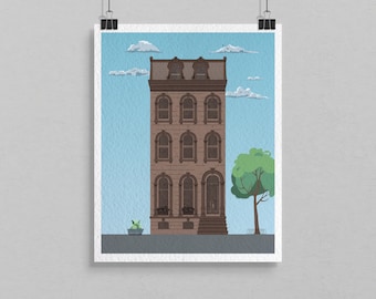 Brownstone Row House Fine Art Giclee Print on Textured Archival Paper. Charming Vintage Lithograph or Halftone Style, 11x14, Ready to Frame
