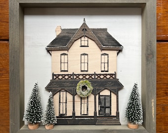 Victorian House Shadowbox Art: Personalized Name Plate, Engraved Wood Wall Hanging