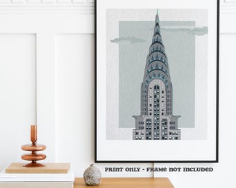 Chrysler Building Fine Art Giclee Print on Textured Archival Paper. Vintage Risograph Style, in Blue and Grey 11x14, Ready to Frame