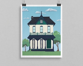Victorian House Fine Art Giclee Print on Textured Archival Paper. Storybook Vintage Lithograph or Halftone Style, 11x14, Ready to Frame