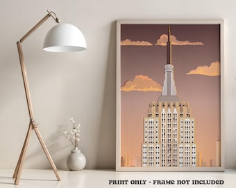 Empire State Building Vivid Sunset Fine Art Giclee Print on Textured Archival Paper. Vintage Lithograph Halftone Style, 11x14 Ready to Frame