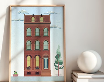 Brownstone Row House Fine Art Giclee Print in Wine / Burgundy, Textured Archival Paper. Retro Vintage Risograph Style, 11x14, Ready to Frame