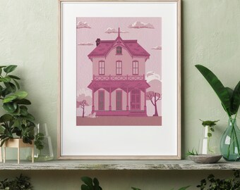 Pink Victorian House Fine Art Giclee Print on Textured Archival Paper. Charming Vintage Lithograph or Halftone Style, 11x14, Ready to Frame