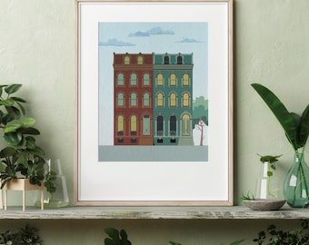 Brownstone Row Houses Fine Art Giclee Print in Wine /Teal, Textured Archival Paper. Retro Vintage Risograph Style, 11x14, Ready to Frame