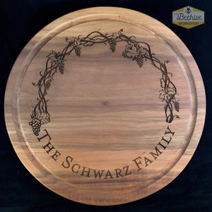 Round Walnut Customizable Wood Serving Board with Grapevine Design - Personalized Engraving with Names & Great Wedding / Housewarming Gifts