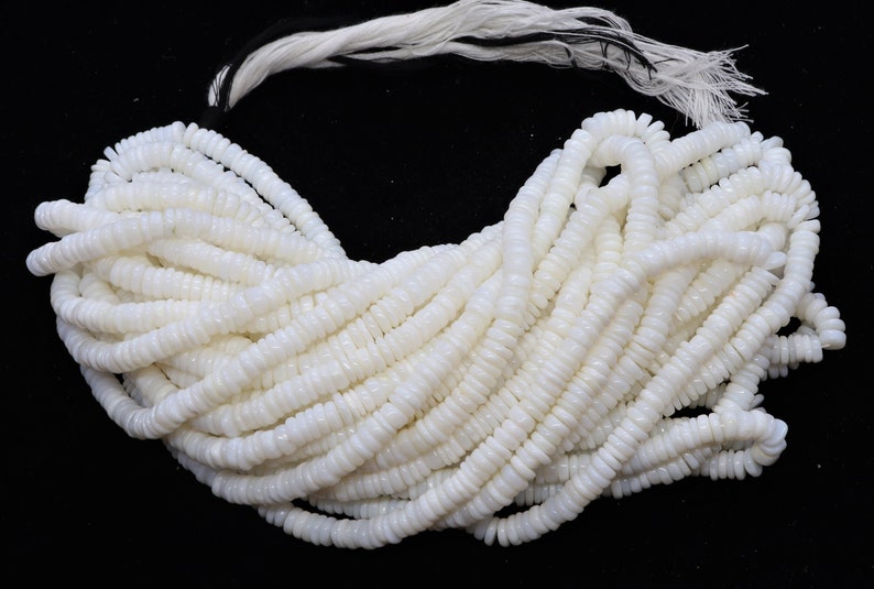 May include: A strand of white shell beads, each bead is a small, flat disc with a slightly raised center. The beads are strung together on a white cord.