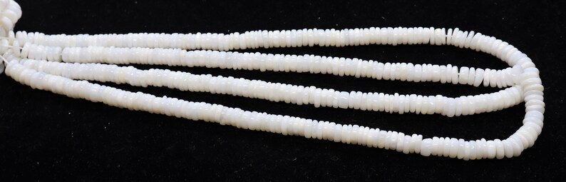 May include: A strand of white shell beads, with each bead having a slightly irregular, flat, rectangular shape.