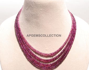 4 Strand AAA Natural Rhodolite Smooth Rondelle Beads Necklace, 3.5-5.5mm Rhodolite Beads, Plain Rhodolite Rondelle, Pink Rhodolite Necklace