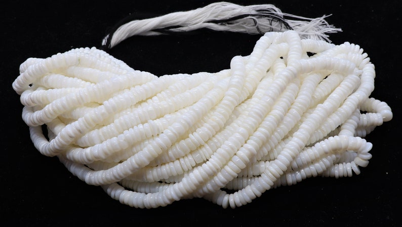 May include: A strand of white shell beads, each bead is a flat, round disc with a slightly raised center. The beads are strung on a white cord.