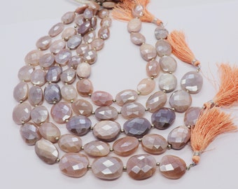 May include: A strand of light pink moonstone beads with a faceted oval shape. The beads are strung on a silver wire and have a subtle shimmer.