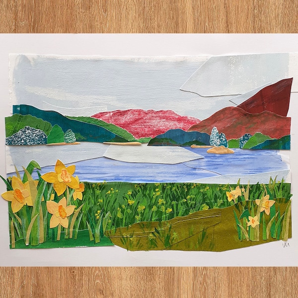 Original Lake District Landscape Collage - Daffodil, Paper Cut Collage