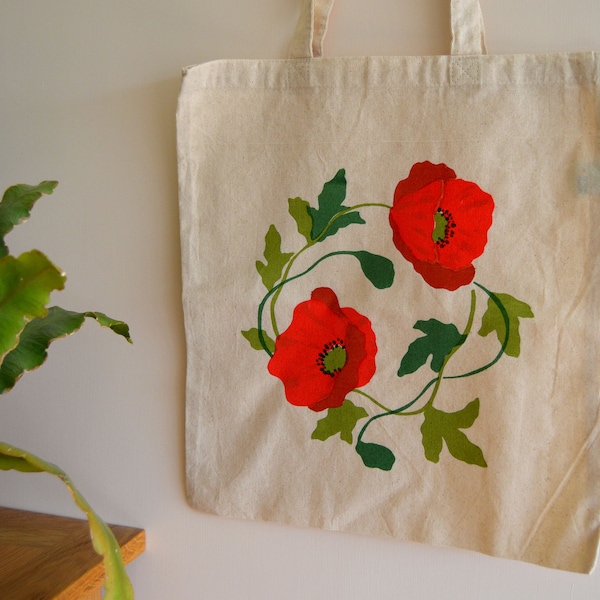 Poppy Screen Printed Tote Bag - Shopping Bag, Stencil Screen Print