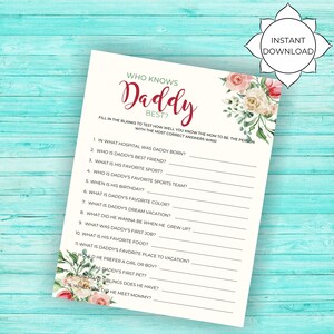 Printable Boho Baby Shower Game | Who Knows Daddy Best | Baby Shower Instant Download | Burgundy and Pink Boho |