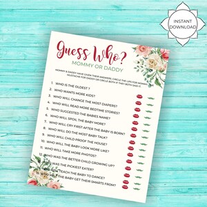 Printable Boho Baby Shower Game | Guess Who Baby Shower Game | Baby Shower Instant Download | Burgundy and Pink Boho | Mommy or Daddy