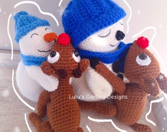 Crochet Snowman Hugging Reindeer Plush, Christmas Decor
