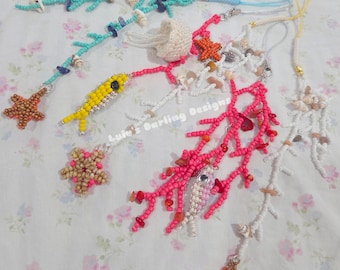 Beaded Coral Sealife Charms Keychains // Beadwork pastel starfish jellyfish seashells