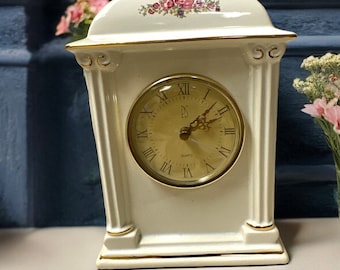 Vintage Porcelain Paul Sebastian Mantel Clock 8" tall Gold Accent Pink Florals