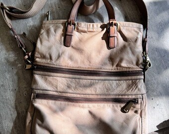 Fossil Explorer Leather Tote Pewter Foldover Messenger Bag Distressed Gold Etsy