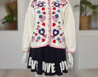 Drapeau américain vintage boutonné en forme de coeur pour femme, cardigan en tricot patriotique M