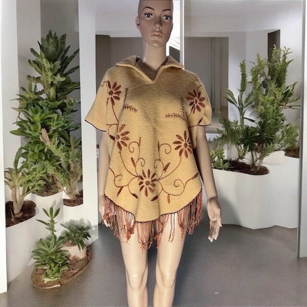 Vintage Wool And Embroidered Poncho Beautiful Tan By La Luz 70s Mexico