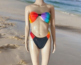 OP Ocean Pacific Schwarz & Mehrfarbig String Bikini Größe 11 Vintage 80er Jahre