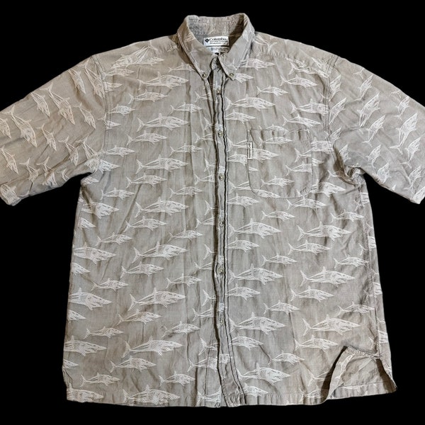 Columbia Mens Shirt L Fish Print Gray White Button-Down Short Sleeve Fishing