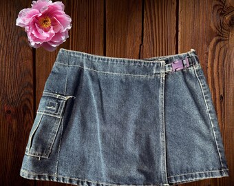 Mini jupe-short en jean VTG deuxième génération Y2K taille 27 taille haute poche latérale